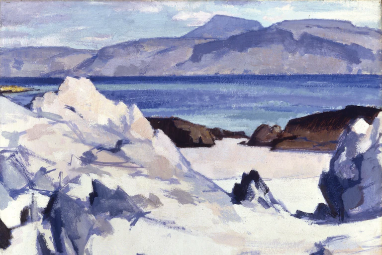 An oil painting showing a beach and rocks on the shores of Iona in the Inner Hebrides.