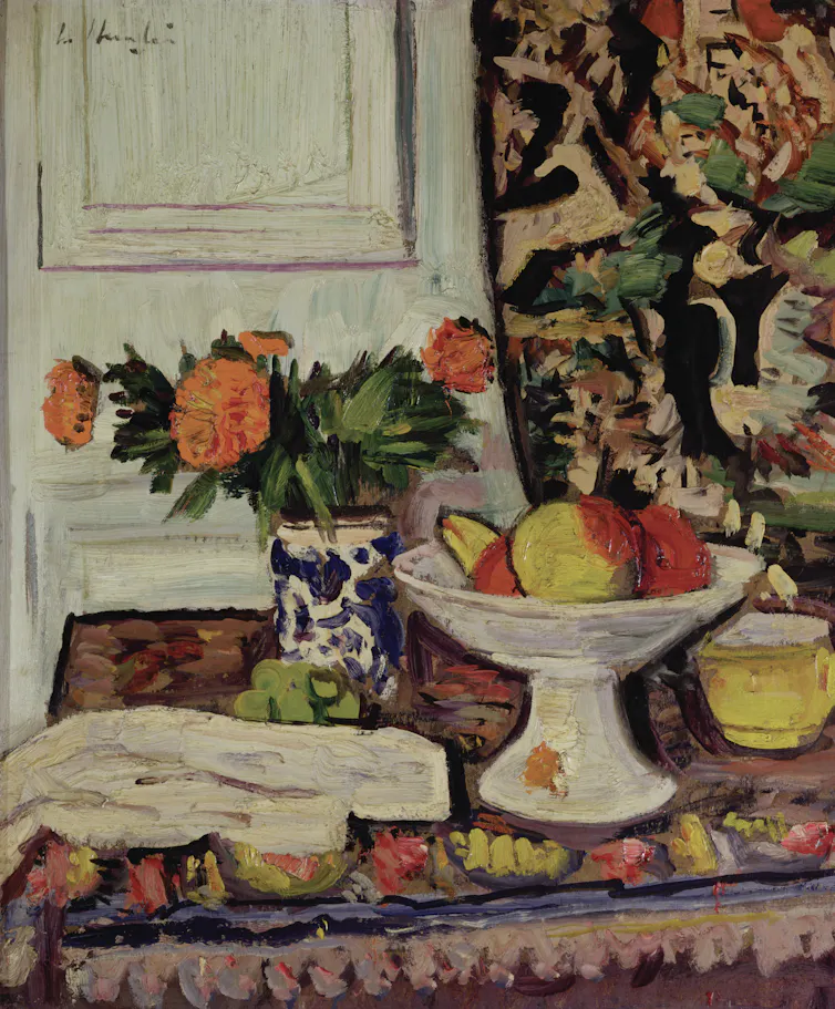 A vivid painting of peonies in a Chinese vase by George Leslie Hunter, a Scottish colourist.
