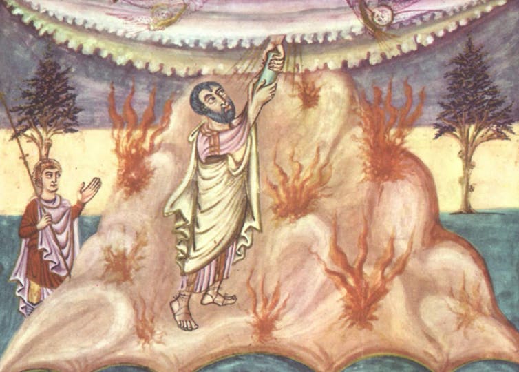 Painting, c840AD, shows Moses receiving the law from God.