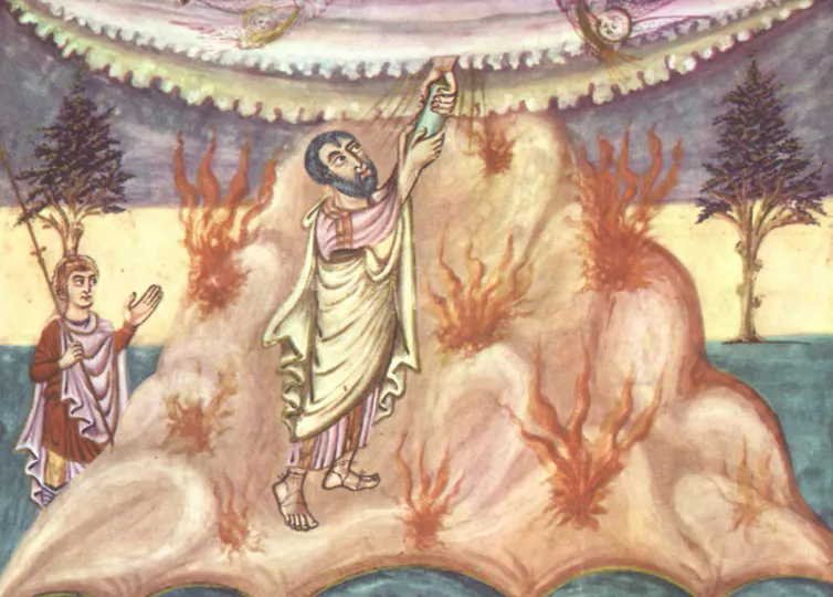 Painting, c840AD, shows Moses receiving the law from God.