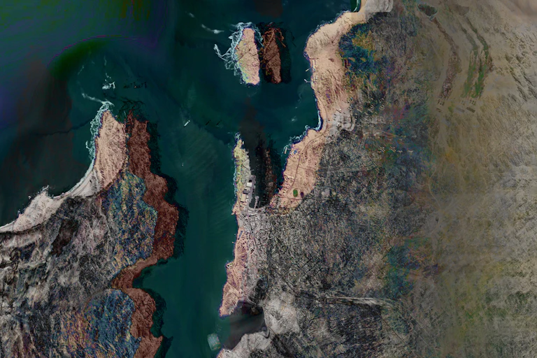 An bird's eye view photo showing a coastal area with a town