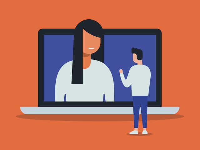 cartoon image of small teenage boy waving to large teenage girl protruding from a computer screen
