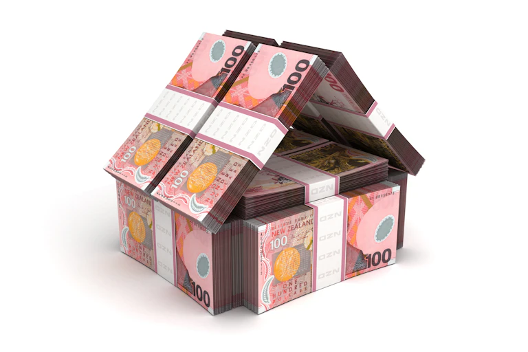 Real Estate Concept New Zealand Dollar, house made of stacks of $100 bills