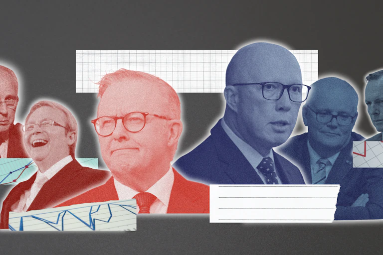 The heads of Australian prime ministers in red and blue