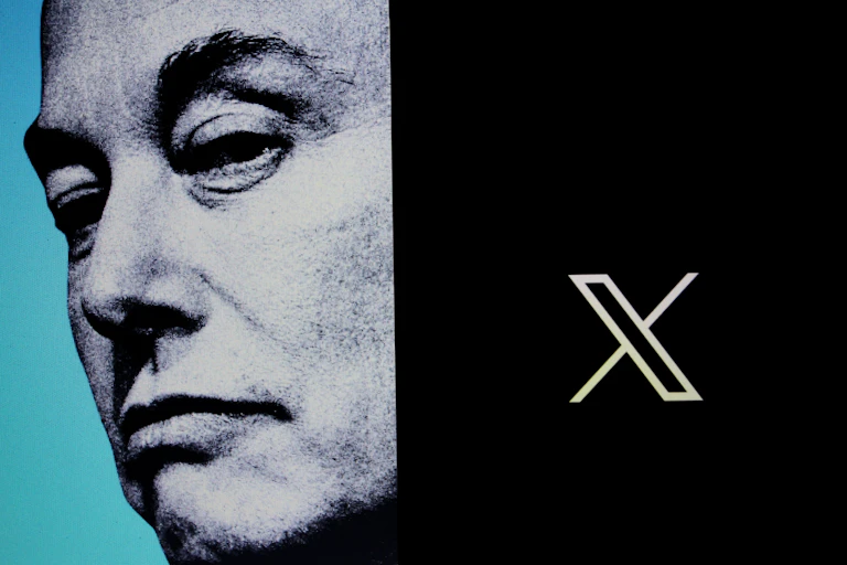 Photo of Elon Musk next to a white X against a black background.