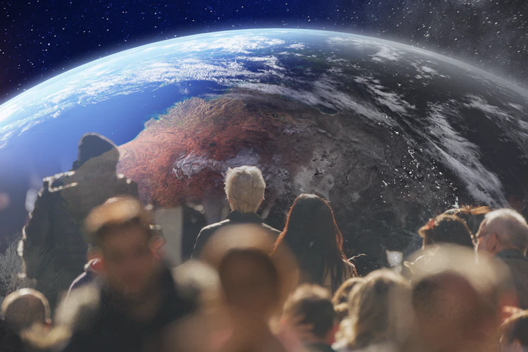 Satellite image of Australia with blurred pedestrians superimposed on top