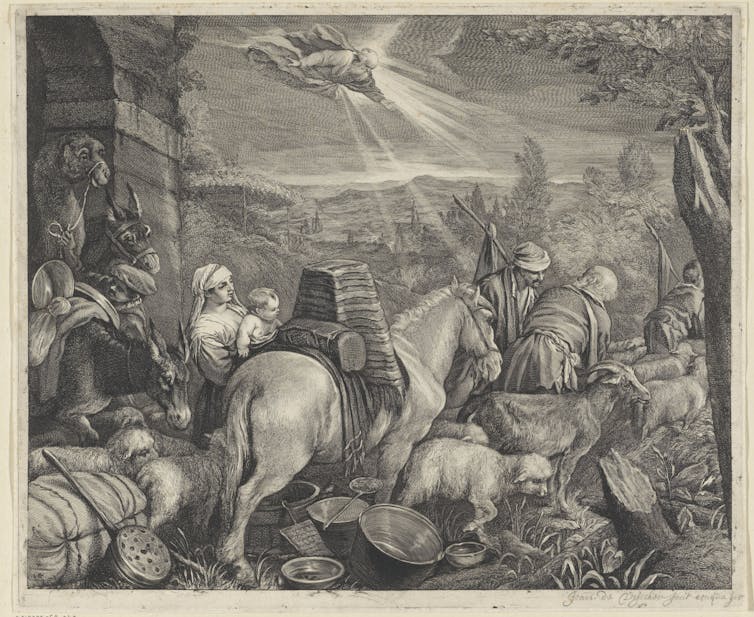 Dutch woodcut showing God sending Abraham and his family home to the Land of Canaan.