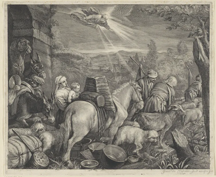 Dutch woodcut showing God sending Abraham and his family home to the Land of Canaan.