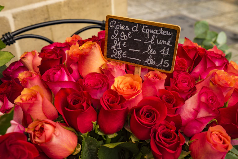Roses with price sign in French