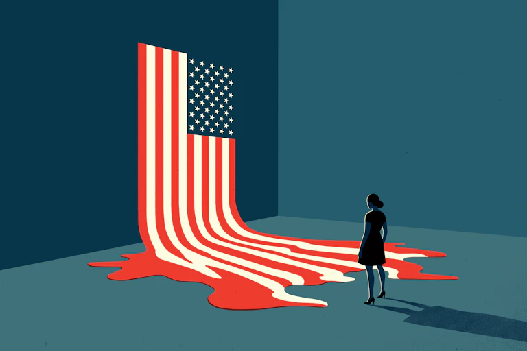 A melting American flag, with a woman standing near it.