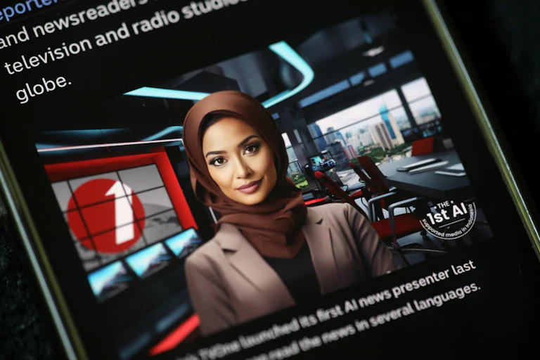 A news article on a mobile phone includes an image of an AI news presenter from Indonesia.