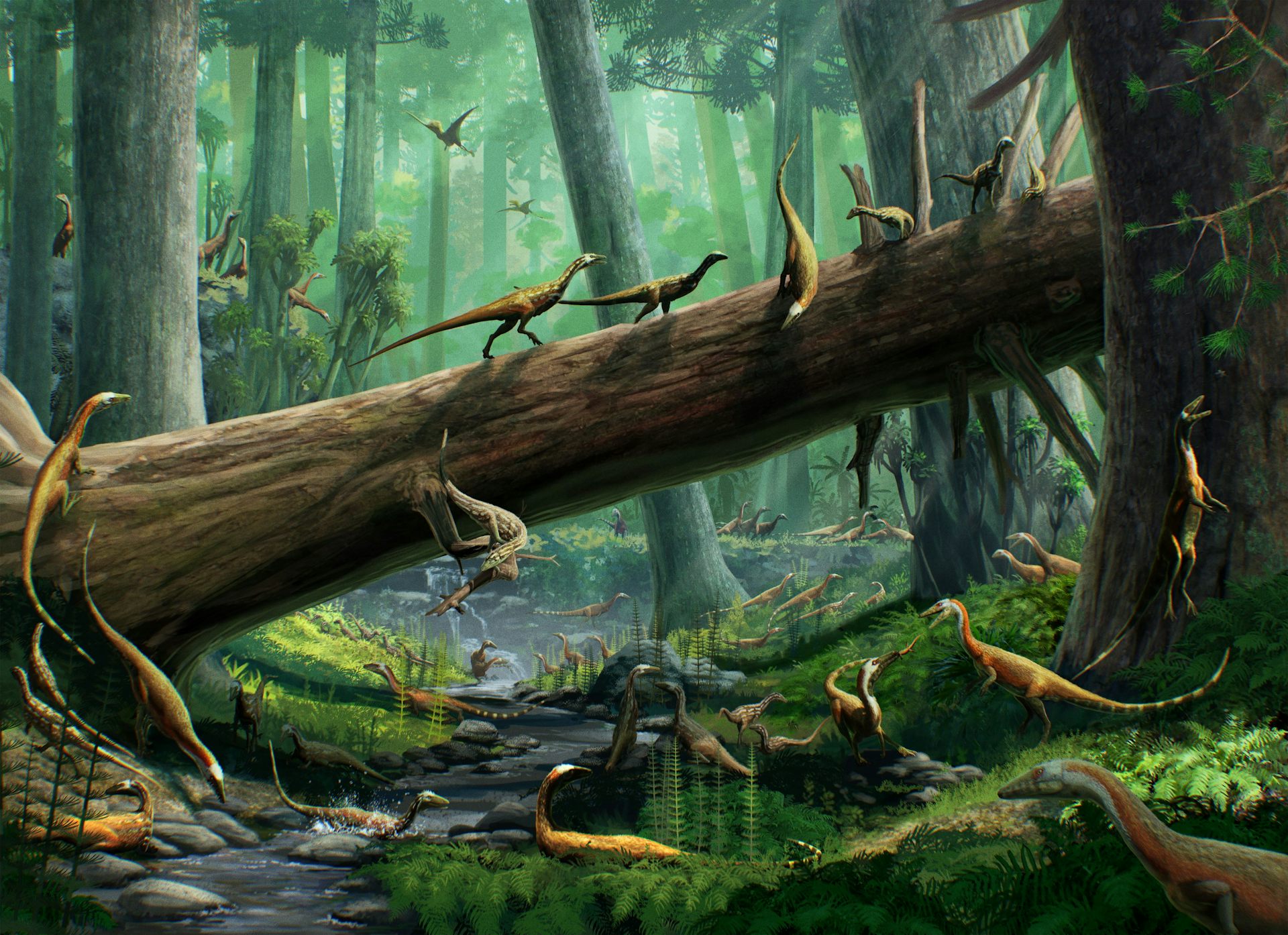 Obra de arte de dinossauros em uma clareira na floresta.