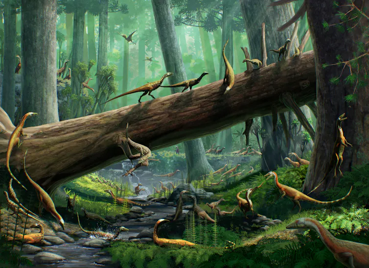 Artwork of dinosaurs in a forest glade.