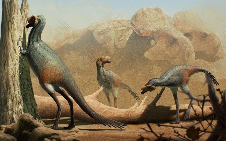 Dois dinossauros de cauda longa investigam uma árvore, com dois dinossauros maiores ao fundo.