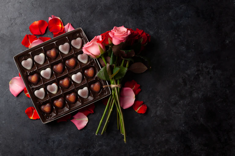Heart shaped chocolates next to bouquet of roses.