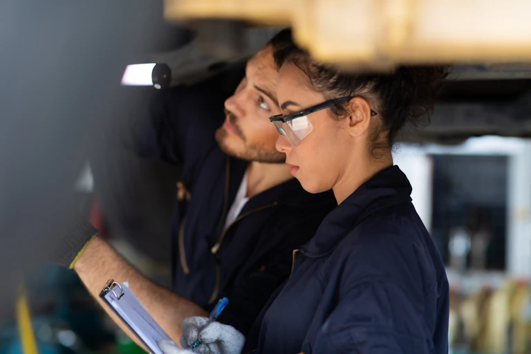 Man and young woman with clipboard and safety glasses working