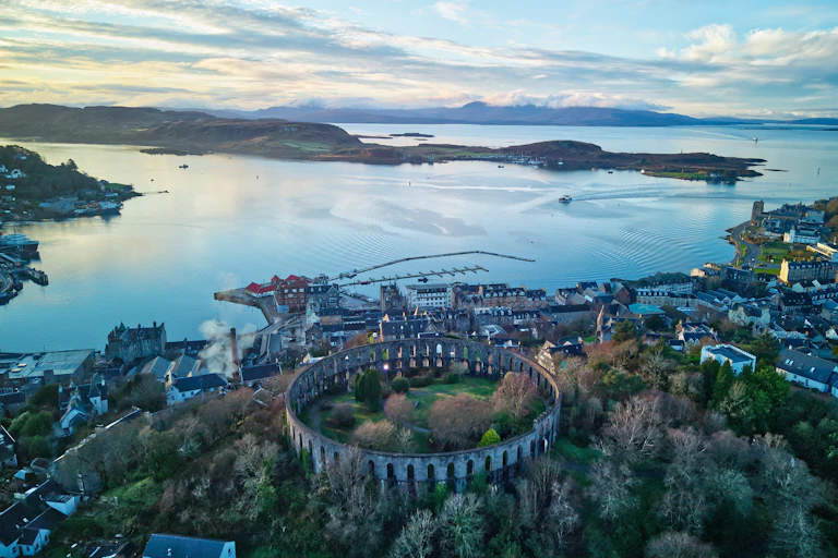 aerial shot of town and coast around Oban in Scotland