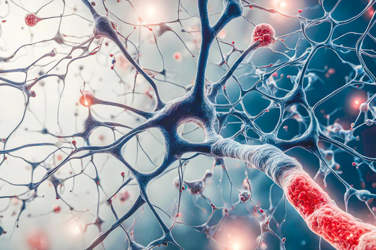 Illustration of a network of spindly neurons with glowing red tips and tails