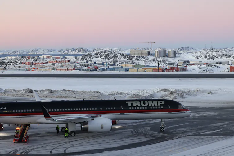 An aircraft carrying Donald Trump's son, Don Jr, arriving at an airport in Nuuk, Greenland.