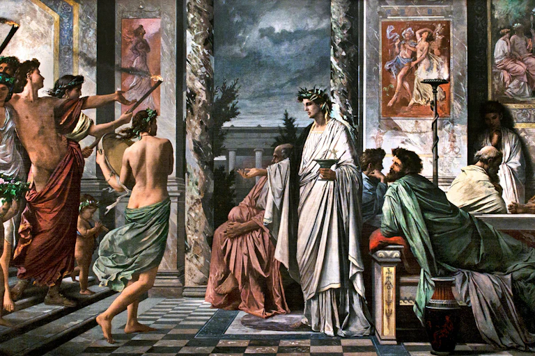 A painting of Plato's Banquet showing a group of Greek men at an opulent banquet.