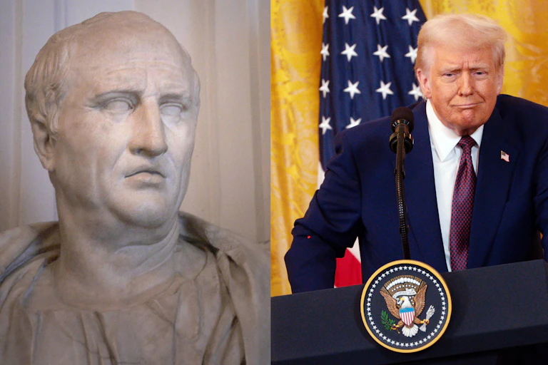 Bust of Cicero, left, and Donald Trump.
