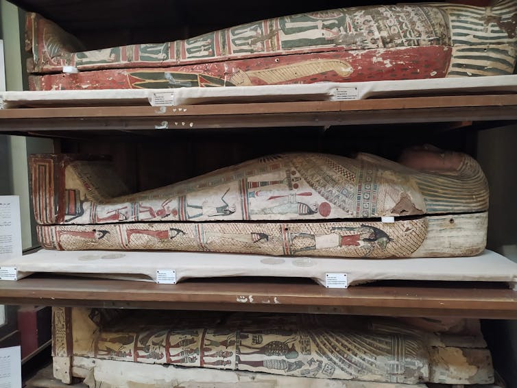 Sarcophaguses on display in Cairo.