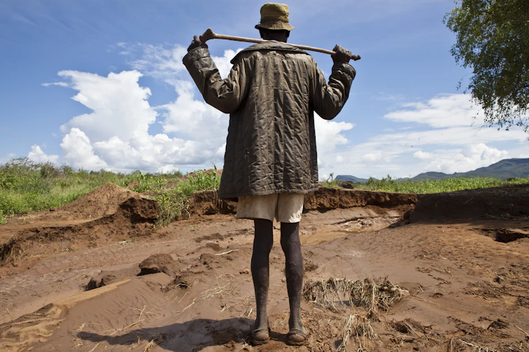 Seen from behind, a man looking at an eroded field