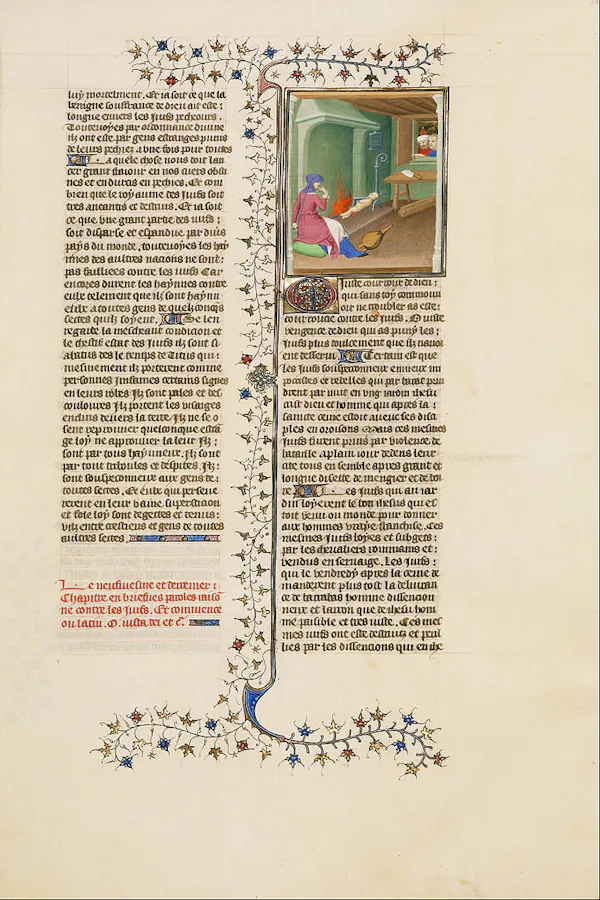 Un manuscrito iluminado por el maestro de boucicaut, en el que representa a una mujer judía que come a sus hijos durante el asedio de Jerusalén en el año 70.