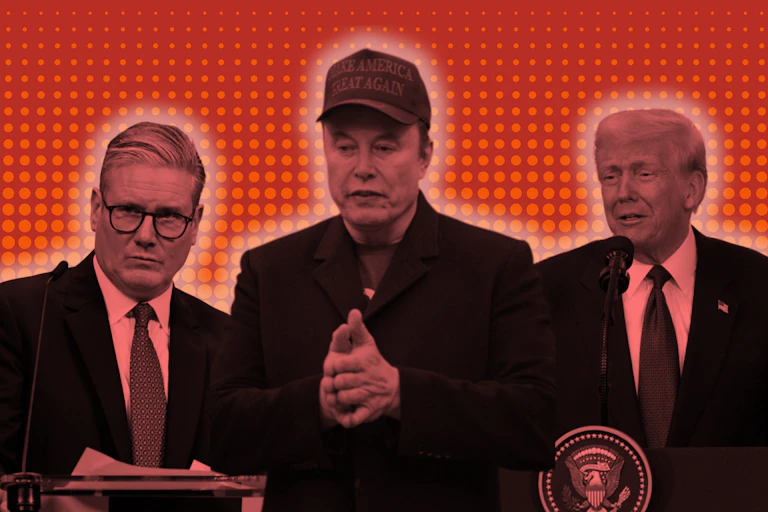 Collage image of Elon Musk in his dark MAGA hat, flanked by keir starmer and donald trump