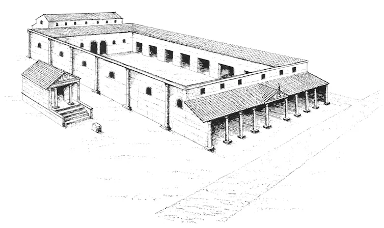 A reconstruction drawing of the first London Forum, a large rectangular building.
