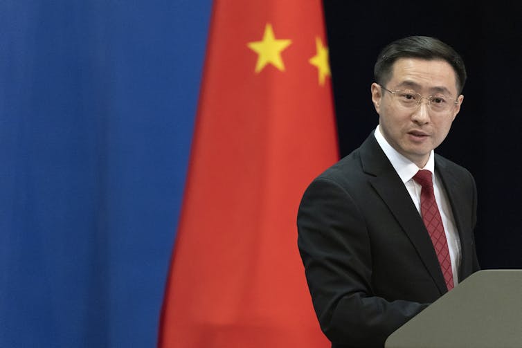 Lin Jian, a spokesperson for China's foreign affairs ministry, speaking to the media.
