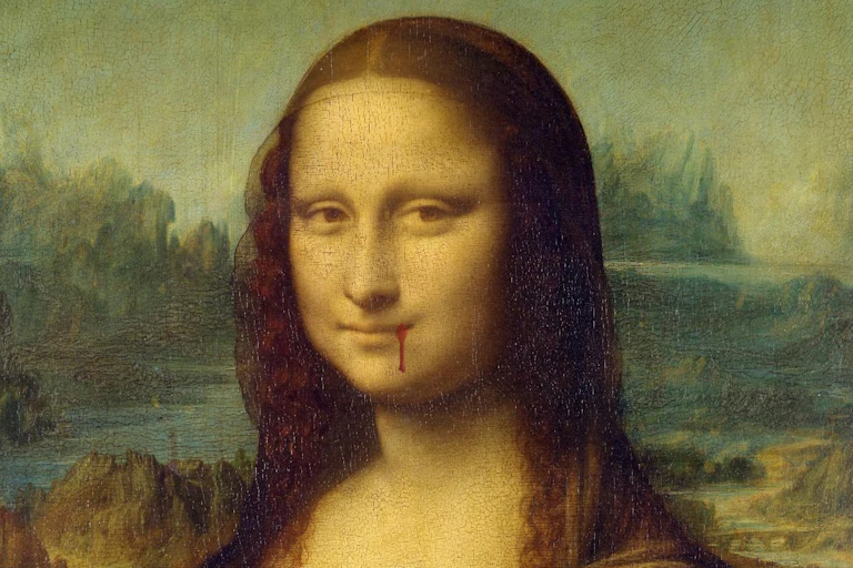 Mona Lisa with blood trickle by her lips