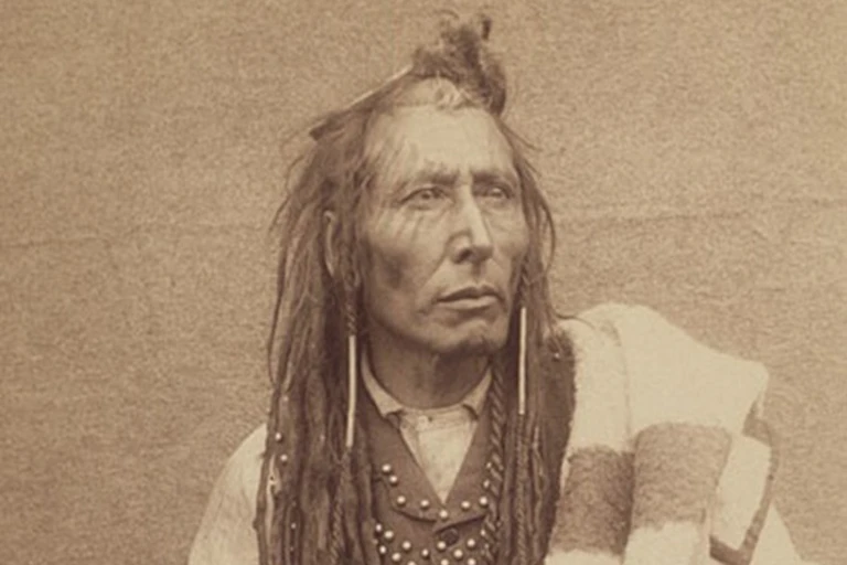 A man with long hair, a collared shirt and jacket and a blanket over his shoulder.