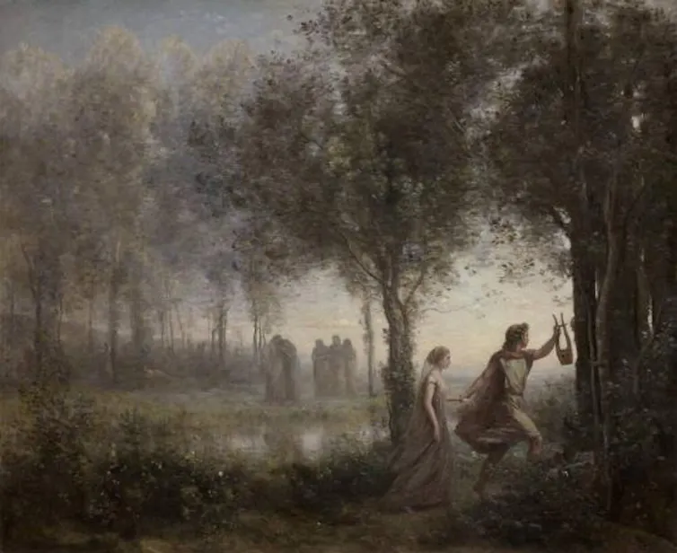 Oil painting, Orpheus leads Eurydice tenderly from the underworld.