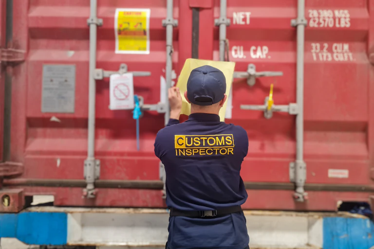 Rear view of a customs inspector checking imported goods