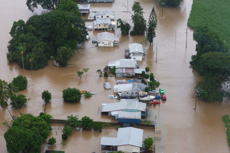 Aerial view of flooded properties