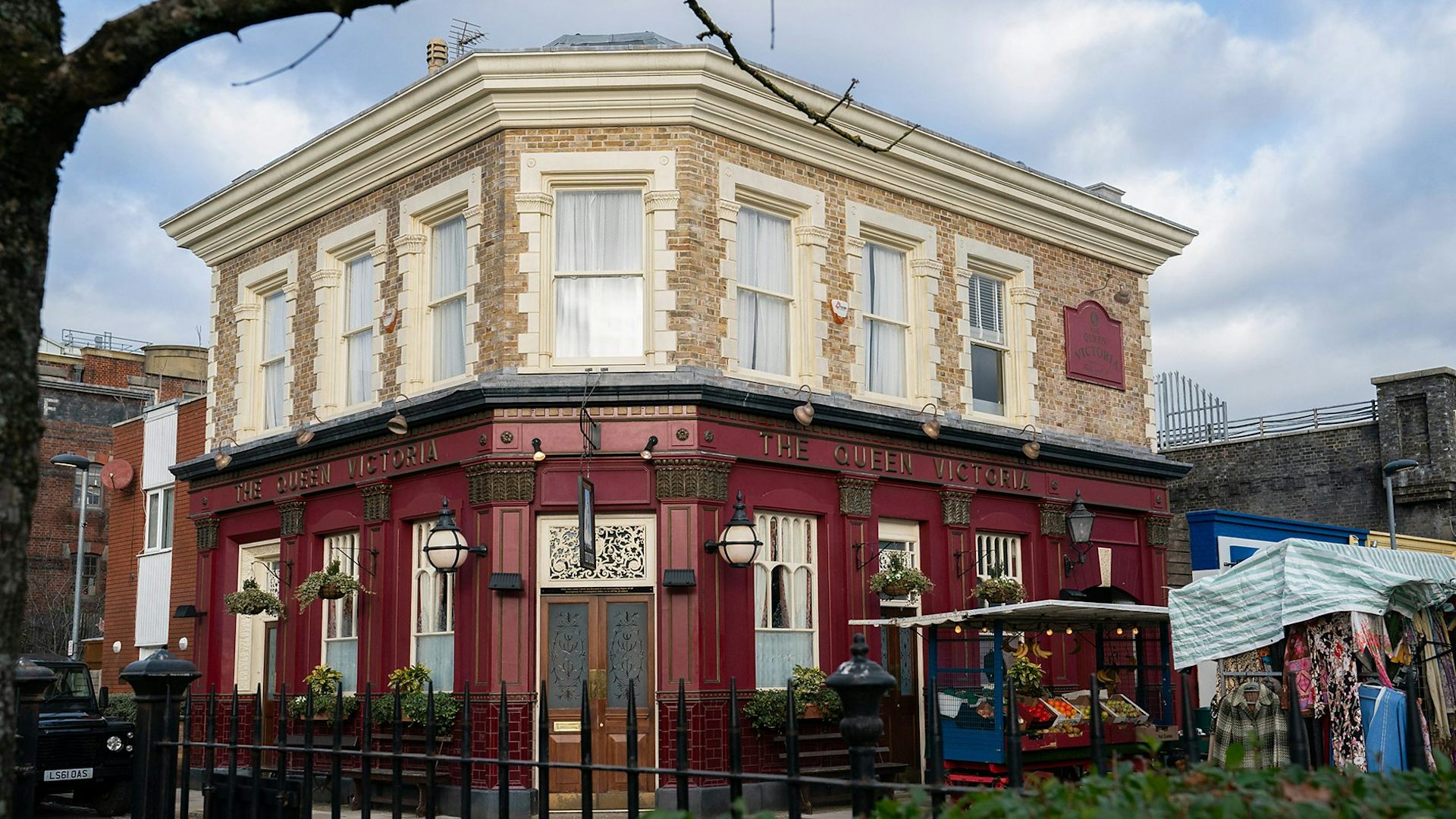 An exterior shot of the Queen Vic pub from EastEnders.