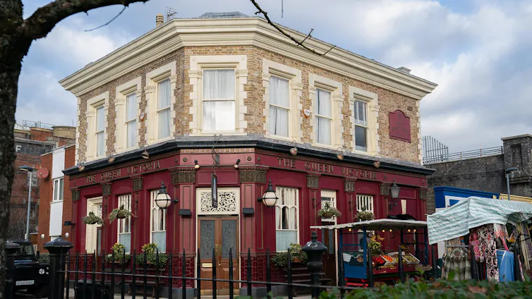 An exterior shot of the Queen Vic pub from EastEnders.
