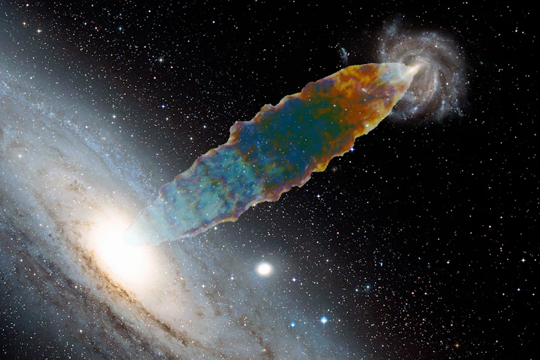 An illustration that shows something shaped like a zeppelin erupting out of a black hole against a backdrop of stars