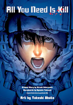 The blue book jacket for All You Need Is Kill featuring an anime soldier's shouting face.