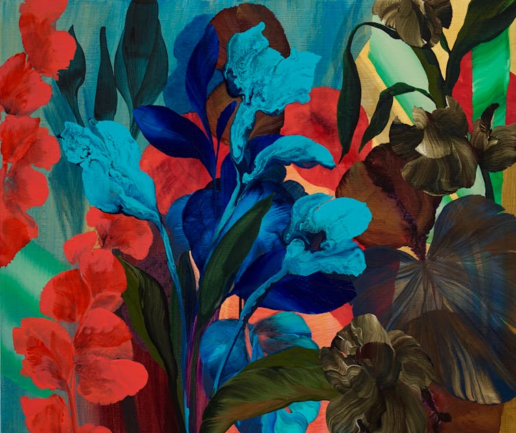 A painting filled with large, brightly coloured orchids.