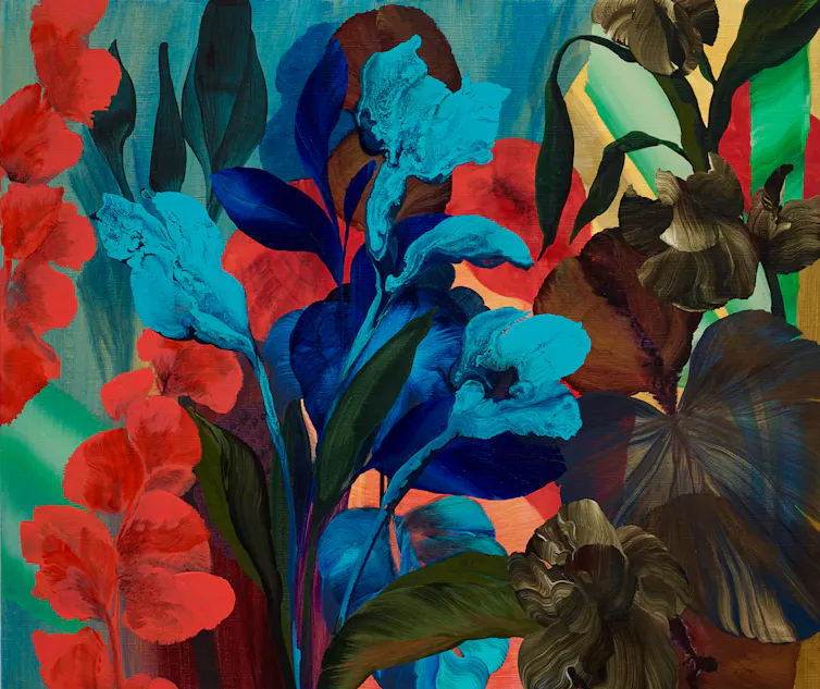 A painting filled with large, brightly coloured orchids.