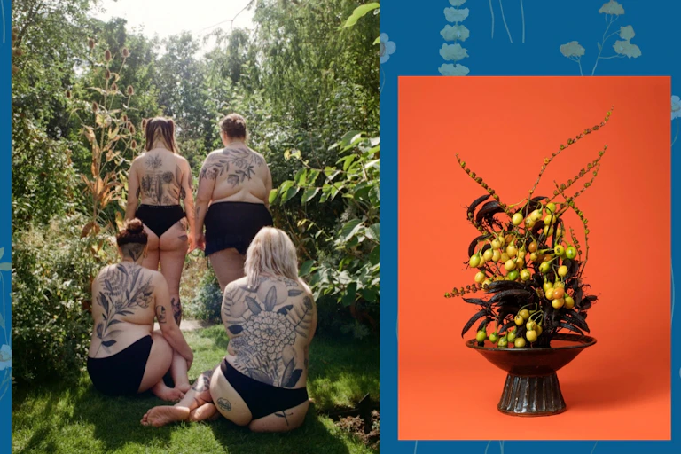 Three artworks – a photo of the backs of four women tattooed with flowers as they stand and sit in a green garden. An orange backdrop with a vase of alien looking flowers. And a collage showing a vase falling from a table as a stream of flowers fall from its mouth.