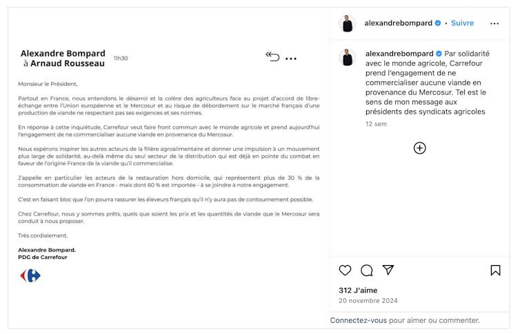 Capture d’écran du compte Instagram d’Alexandre Bompart montrant son message adressé au président de la FNSEA