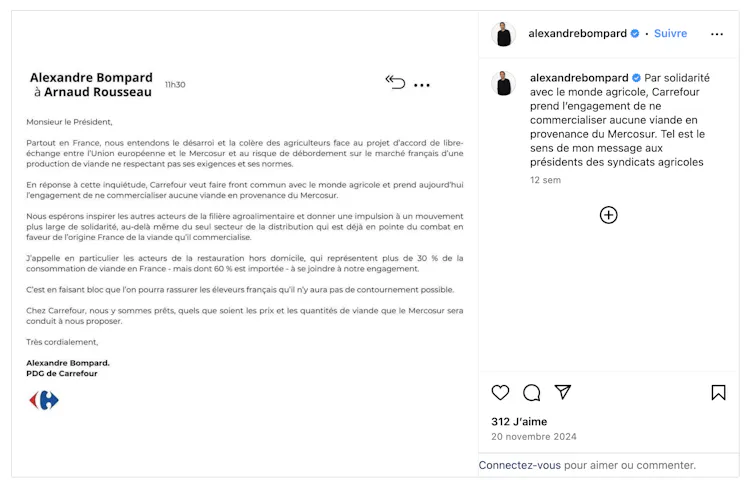 Capture d’écran du compte Instagram d’Alexandre Bompart montrant son message adressé au président de la FNSEA