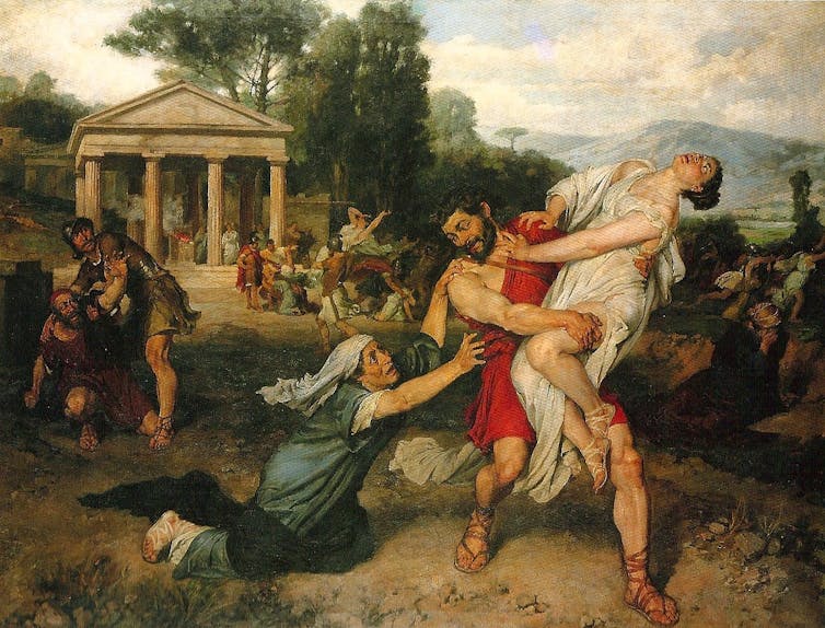 A man takes a woman by force while another man tries to stop him.