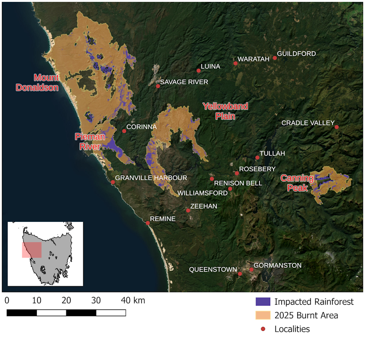 Map zooming in on the northwest of Tasmania showing the area burned including impacted rainforest
