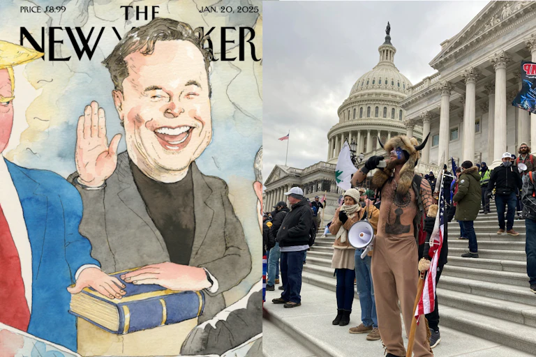 Two New Yorker covers and a protester at The Capitol on January 6, 2021.