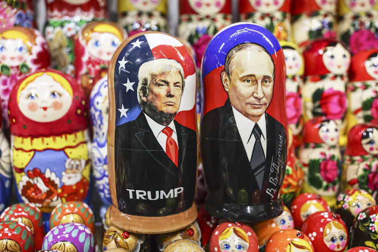 Russian dolls with images of Donald Trump and Vladimir Putin.