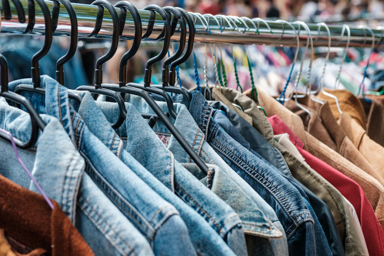 secondhand denim jackets haning on a rail